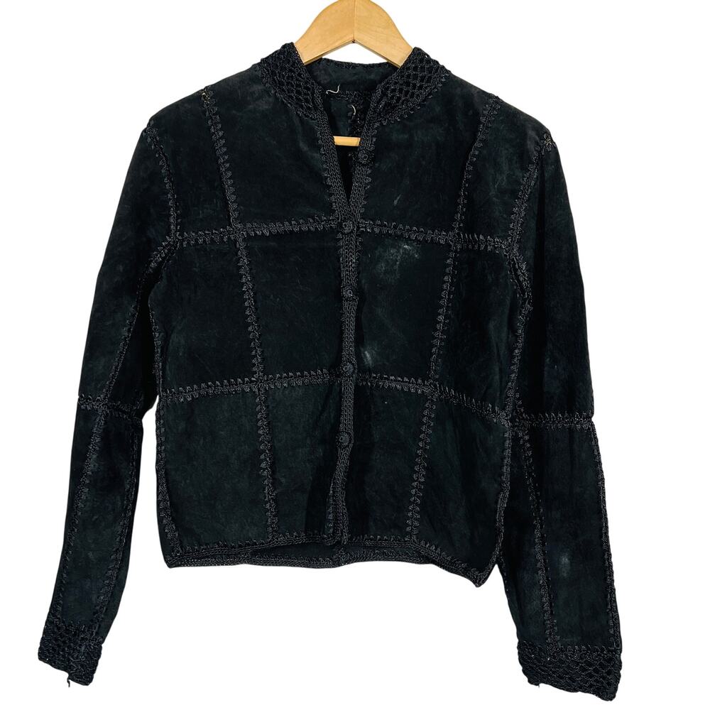 Vintage Suede Crochet Patchwork Jacket Shacket Black Knit Square Button Front S
